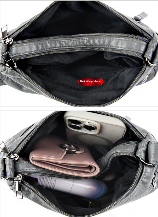 Black Women's Soft Washed PU Leather Crossbody Bag - Multi-Pocket Casual Shoulder Purse for Everyday Organization