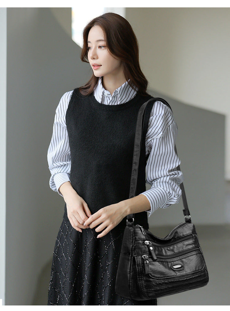 Black Women's Soft Washed PU Leather Crossbody Bag - Multi-Pocket Casual Shoulder Purse for Everyday Organization