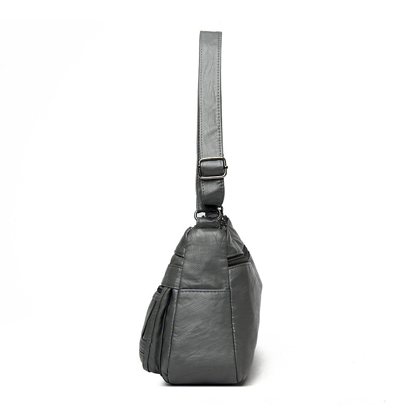 Grey Women's Soft Washed PU Leather Crossbody Bag - Multi-Pocket Casual Shoulder Purse for Everyday Organization