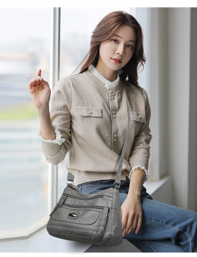 Grey Women's Soft Washed PU Leather Crossbody Bag - Multi-Pocket Casual Shoulder Purse for Everyday Organization