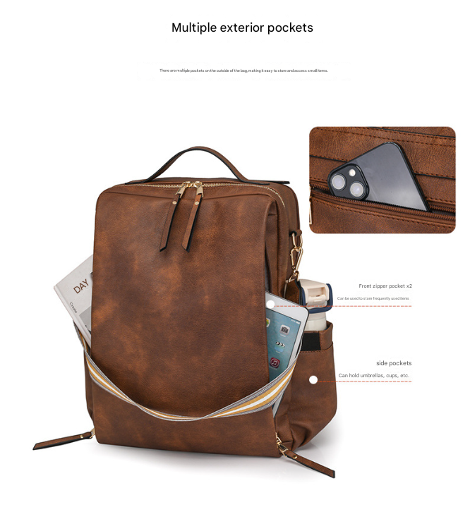 Beige Women's Vintage PU Leather Anti-Theft Backpack - Convertible Shoulder Bag & Laptop Rucksack for Travel & Daily Use