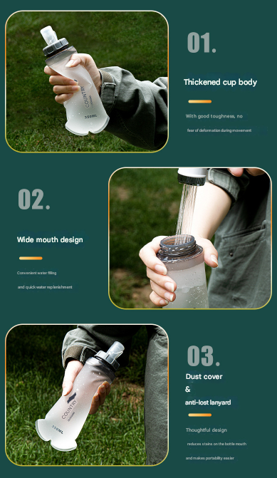 Green and White Ultra-Lightweight 350ml Soft Running Flask - BPA-Free Collapsible TPU Water Bottle for Hiking, Cycling & Outdoor Sports