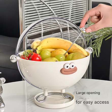 Beige Whimsical Covered Fruit Bowl with Flip Lid & Drainer - Cute Design Snack & Candy Dish for Living Room