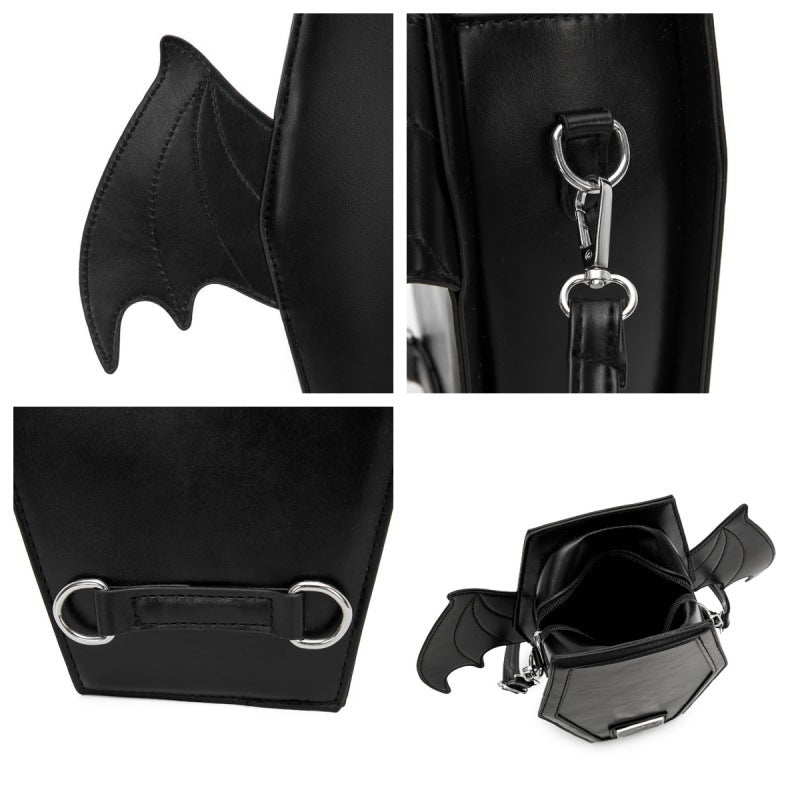 Rose Red Gothic Coffin Bat Wing Convertible Crossbody Bag - Punk PU Leather Shoulder Purse & Mini Backpack