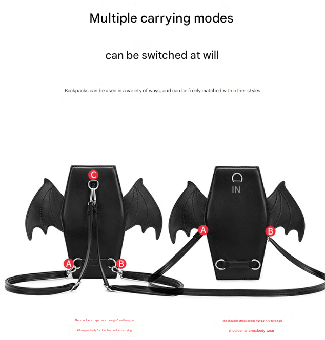 Rose Red Gothic Coffin Bat Wing Convertible Crossbody Bag - Punk PU Leather Shoulder Purse & Mini Backpack