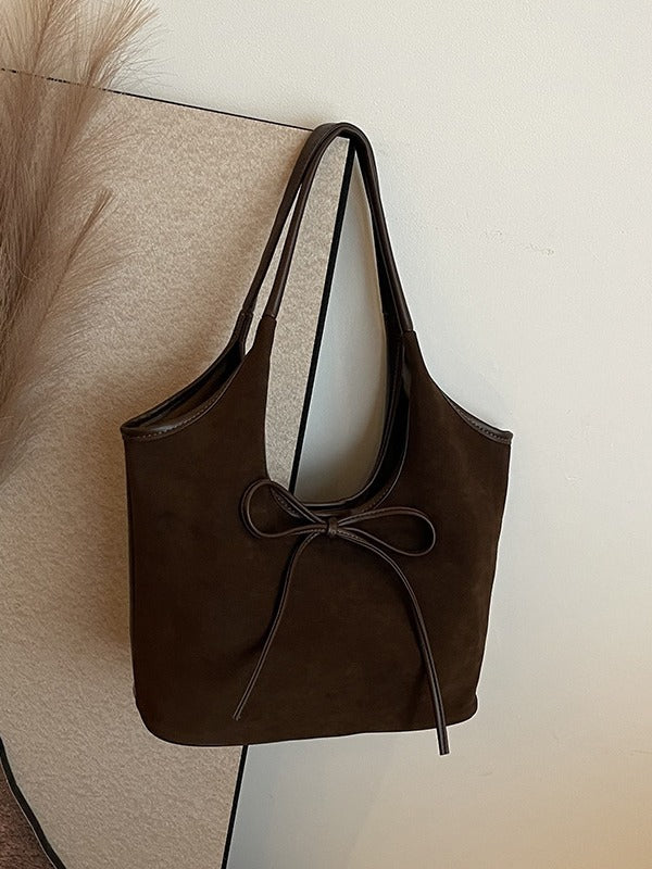 Coffee Chic Retro Suede-Finish PU Leather Tote Bag - Large Capacity Shoulder Bag with Tie Accent