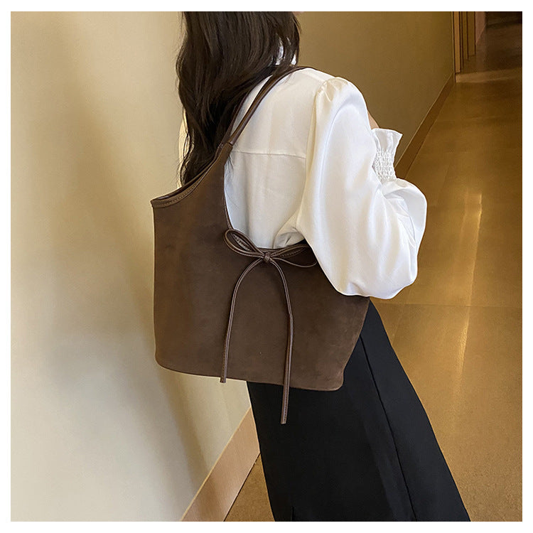 Coffee Chic Retro Suede-Finish PU Leather Tote Bag - Large Capacity Shoulder Bag with Tie Accent