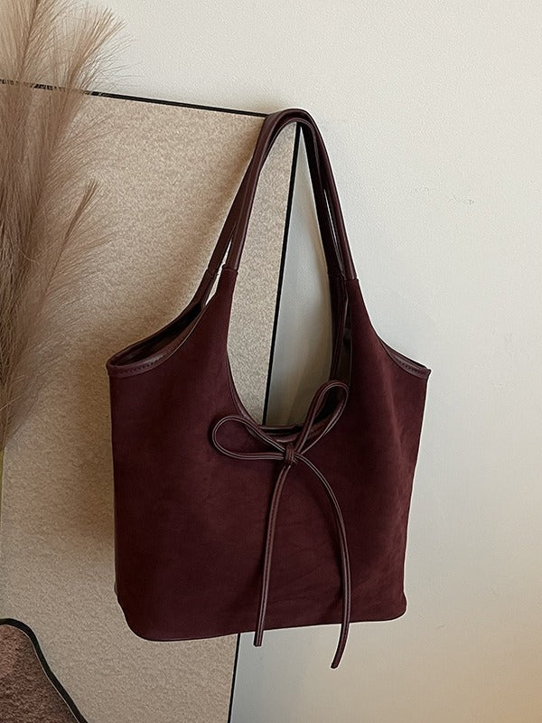 Claret Red Chic Retro Suede-Finish PU Leather Tote Bag - Large Capacity Shoulder Bag with Tie Accent