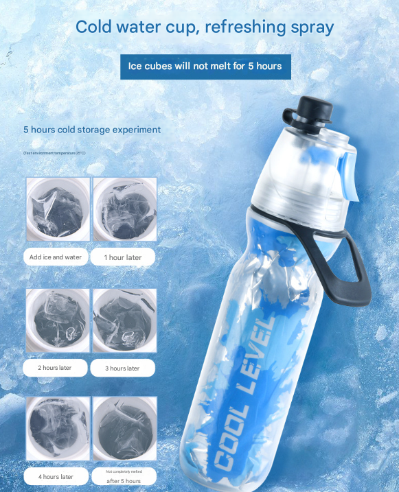 Blue 500ML Insulated Sports Water Bottle with Cooling Mist - Triple-Layer Design Keeps Drinks Cold for Hours - Portable PE Misting Bottle