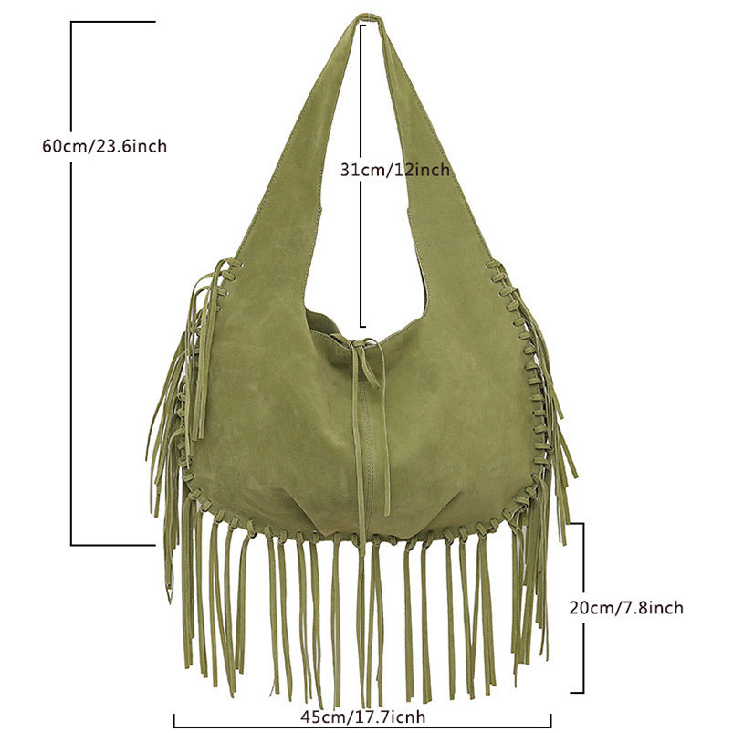 Green Boho Chic Fringed Hobo Bag - Large Capacity Soft Faux Suede Shoulder Tote with Tassel Detail