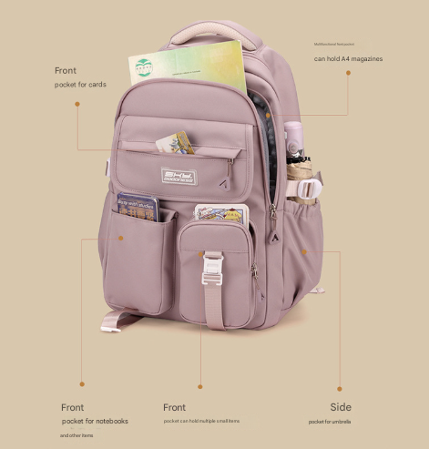 Pink Large Capacity Waterproof Student Backpack - Fits 15-Inch Laptop, Multi-Pocket Travel Daypack