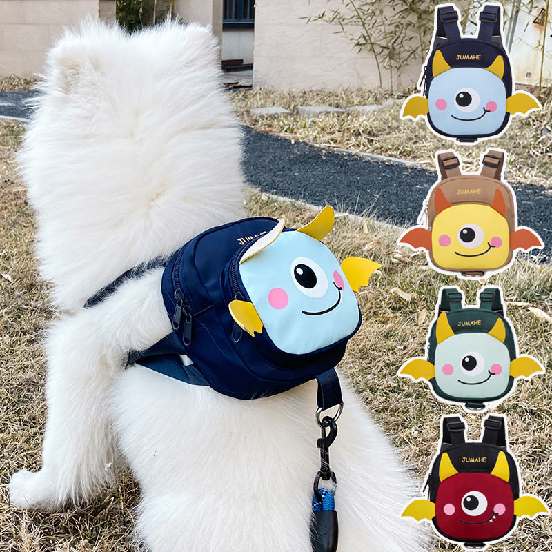Green Adorable Monster Pet Backpack Harness - Small Dog & Cat Treat Pouch with Poop Bag Dispenser