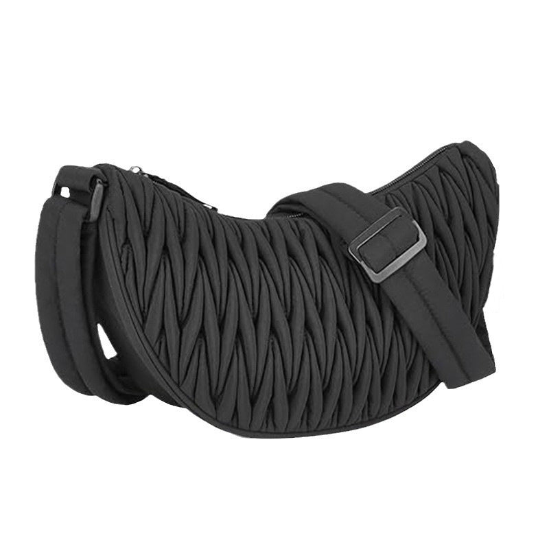 Black Chic Pleated Crescent Sling Bag - Water-Resistant Lightweight Crossbody & Shoulder Purse