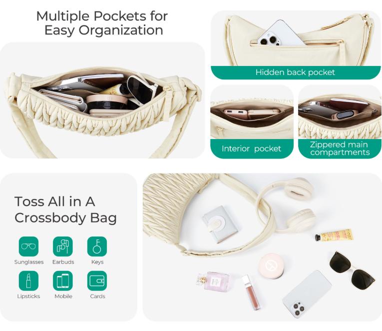 Beige Chic Pleated Crescent Sling Bag - Water-Resistant Lightweight Crossbody & Shoulder Purse