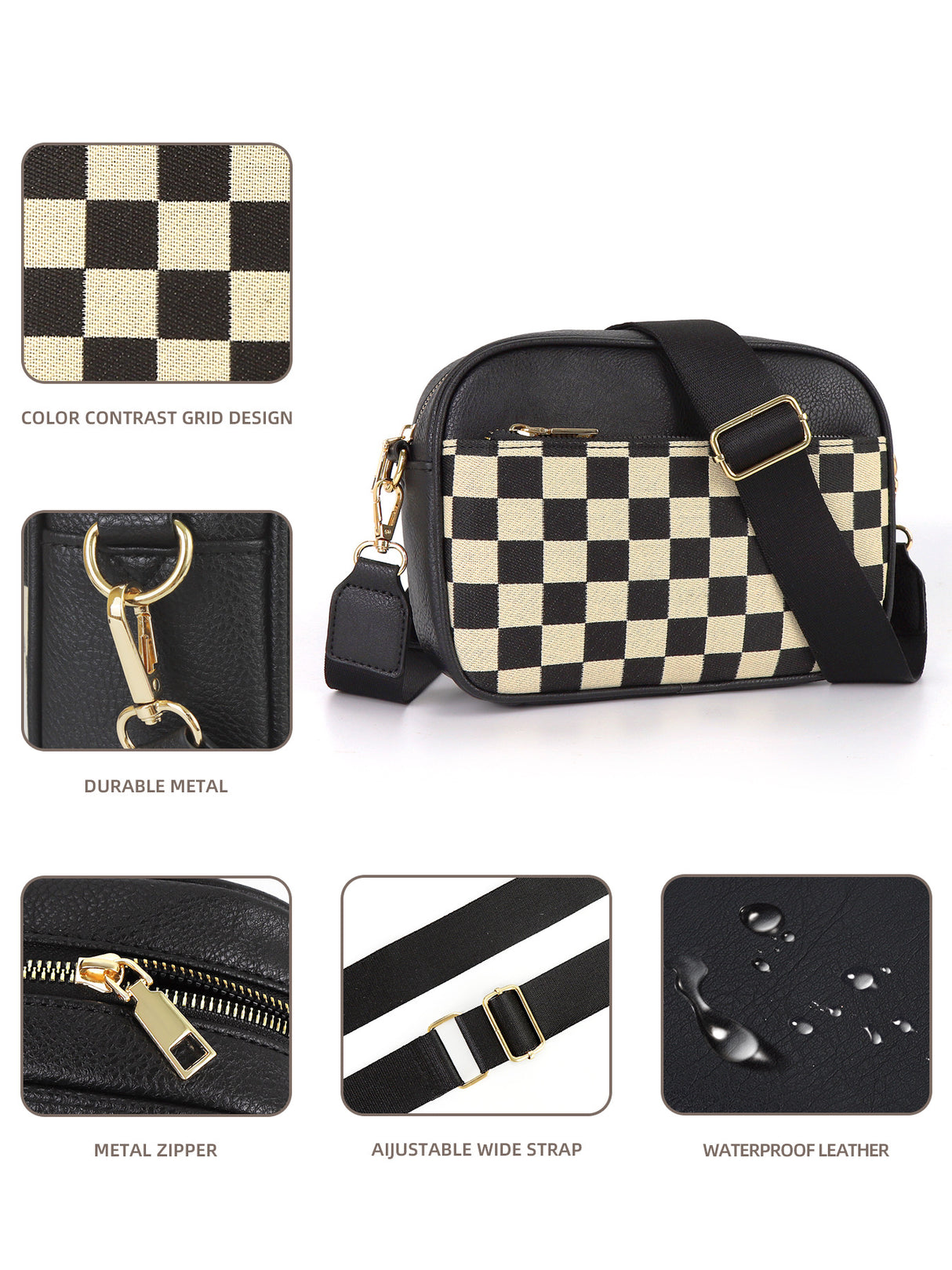 Black Stylish Checkerboard Crossbody Camera Bag - PU Leather with Adjustable Wide Strap