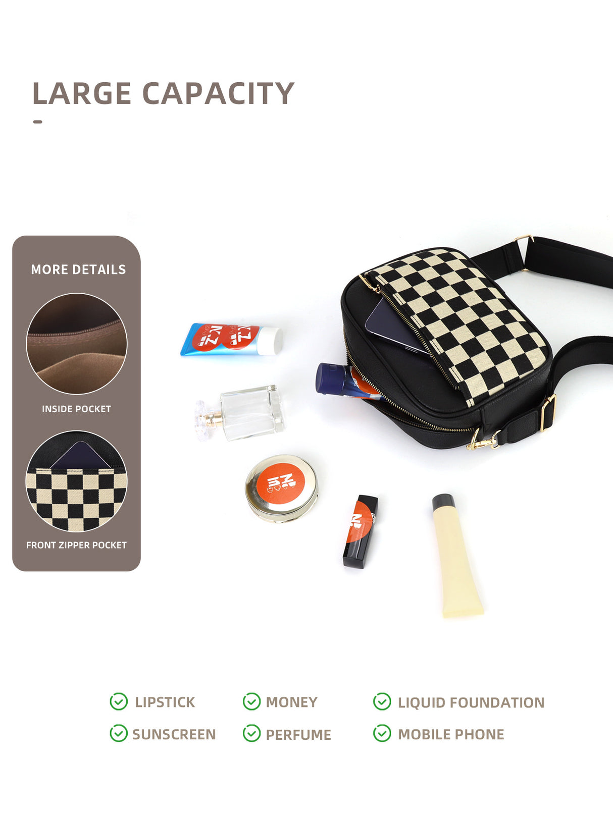 Black Stylish Checkerboard Crossbody Camera Bag - PU Leather with Adjustable Wide Strap