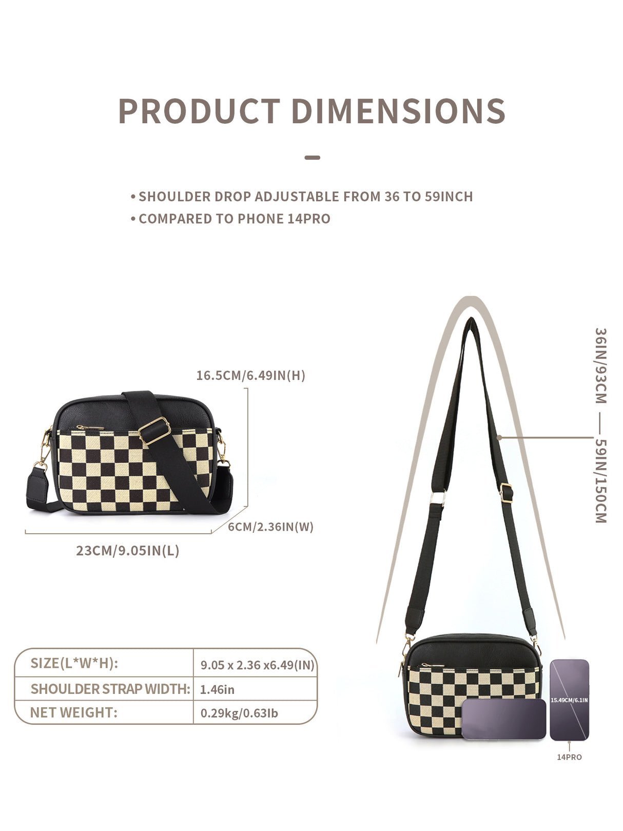 Black Stylish Checkerboard Crossbody Camera Bag - PU Leather with Adjustable Wide Strap