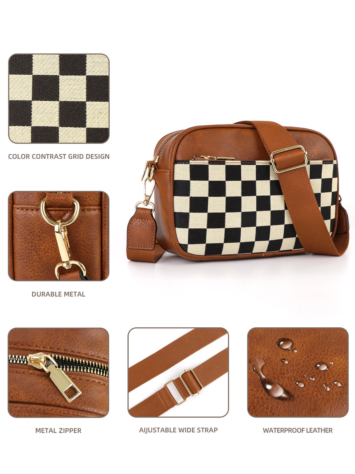 Brown Stylish Checkerboard Crossbody Camera Bag - PU Leather with Adjustable Wide Strap