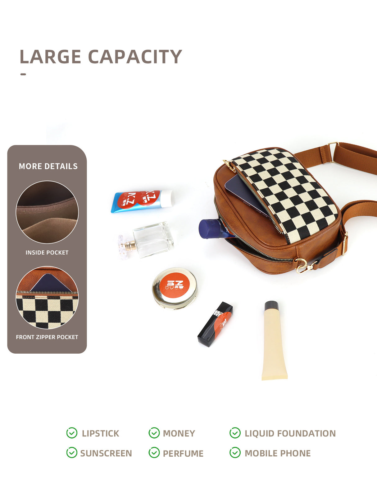 Brown Stylish Checkerboard Crossbody Camera Bag - PU Leather with Adjustable Wide Strap