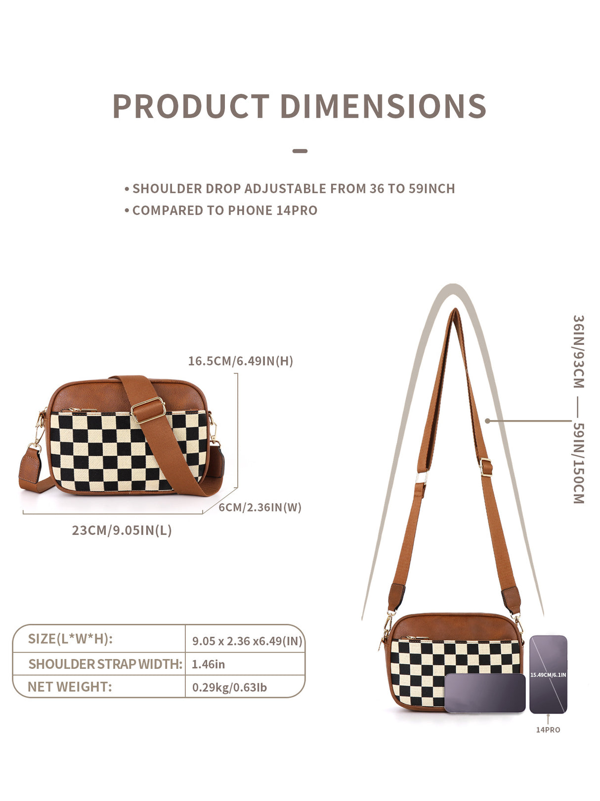 Brown Stylish Checkerboard Crossbody Camera Bag - PU Leather with Adjustable Wide Strap