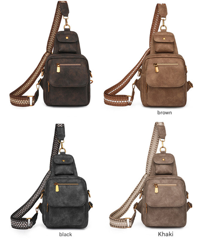 Coffee Stylish PU Leather Sling Crossbody Bag for Women - Multi-Pocket Chest Pack with Adjustable Wide Strap