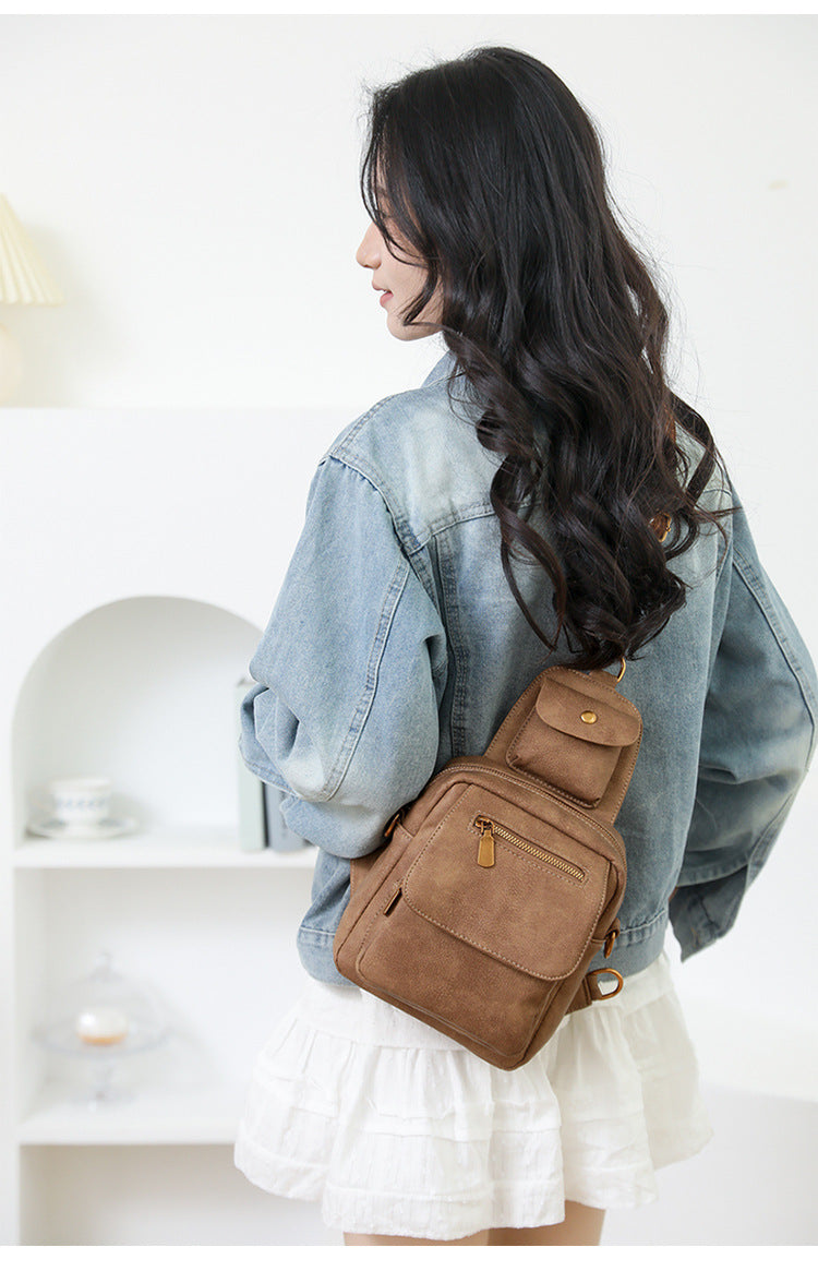 Coffee Stylish PU Leather Sling Crossbody Bag for Women - Multi-Pocket Chest Pack with Adjustable Wide Strap