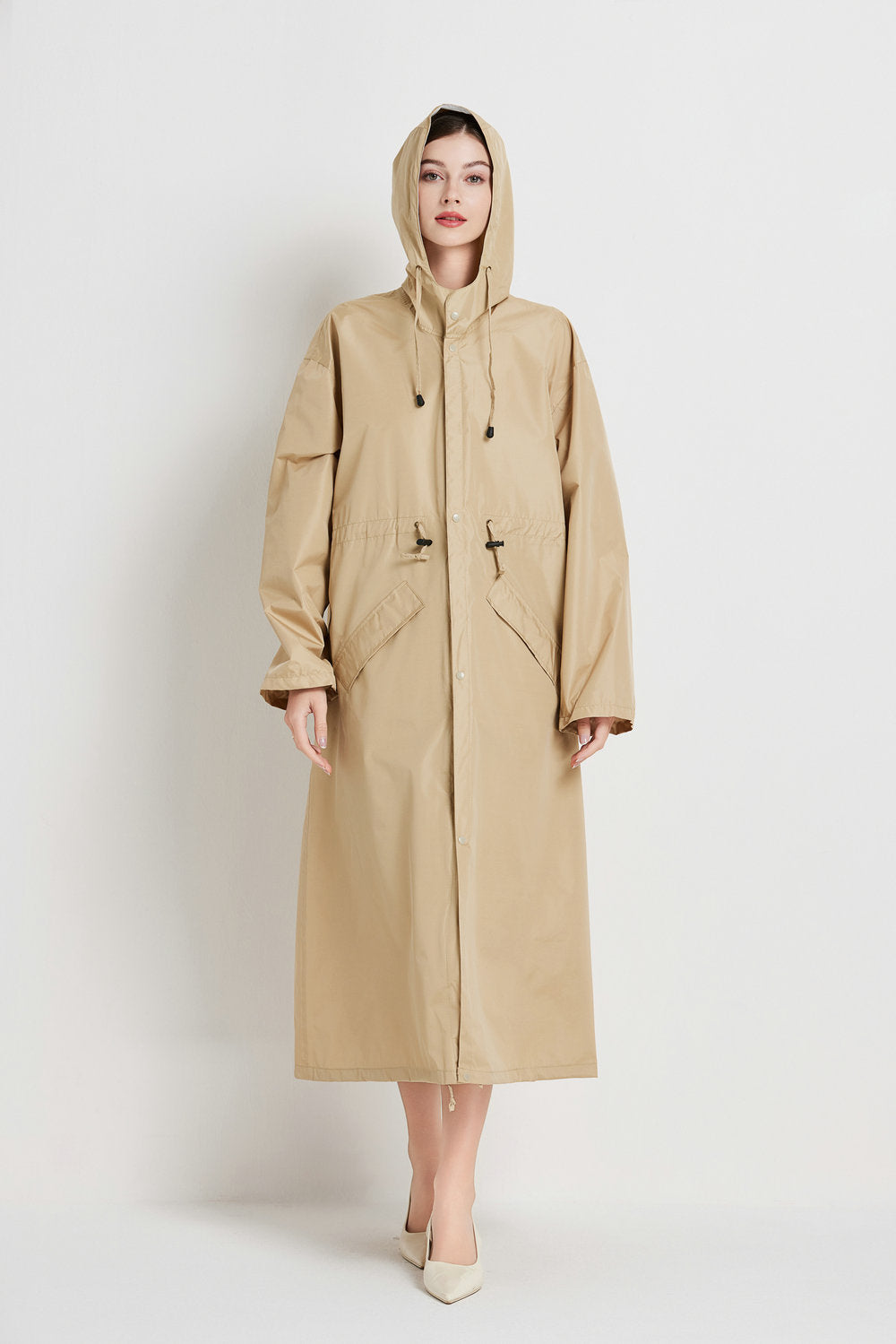 Size M Khaki Women's Chic Lightweight Waterproof Raincoat - Long Hooded Packable Rain Jacket with Pouch