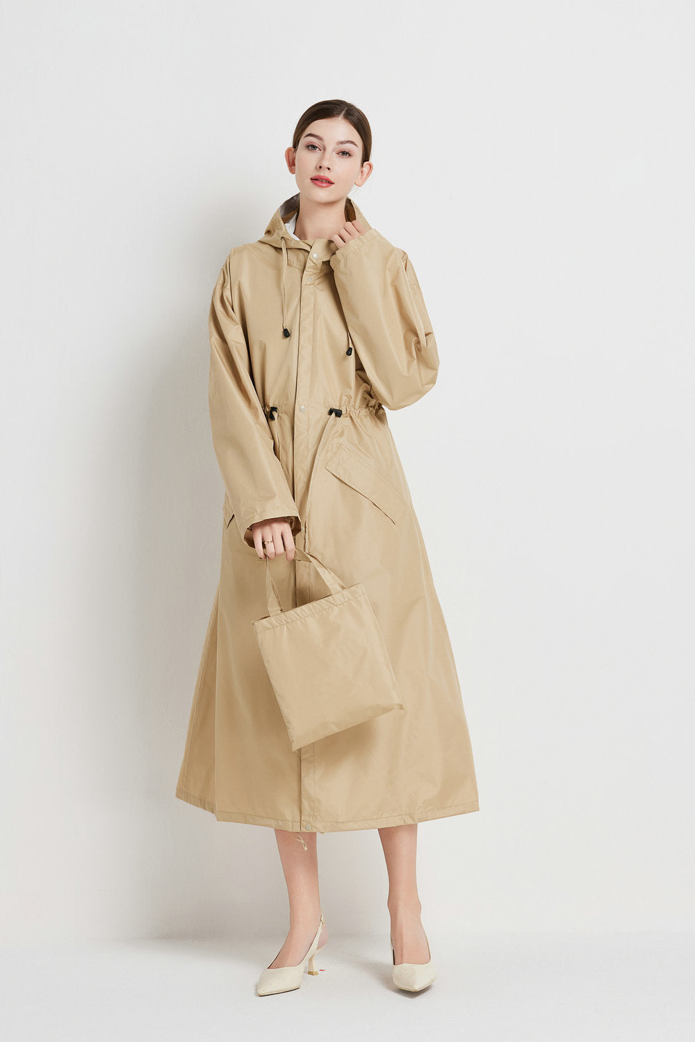 Size L Khaki Women's Chic Lightweight Waterproof Raincoat - Long Hooded Packable Rain Jacket with Pouch