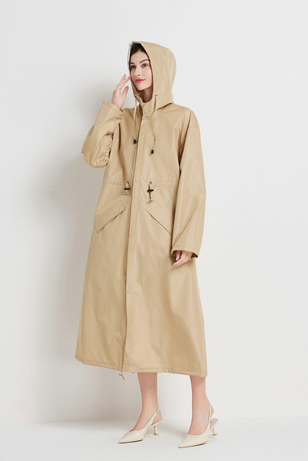 Size L Khaki Women's Chic Lightweight Waterproof Raincoat - Long Hooded Packable Rain Jacket with Pouch