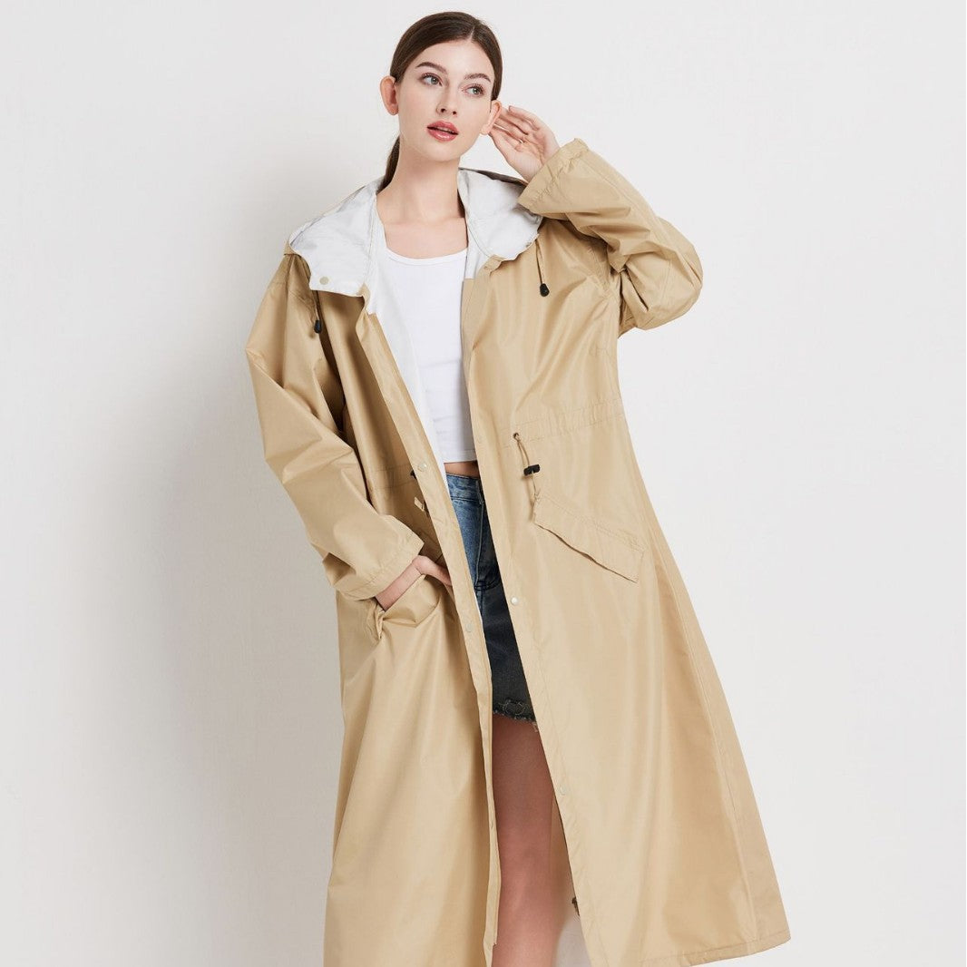 Size XL Khaki Women's Chic Lightweight Waterproof Raincoat - Long Hooded Packable Rain Jacket with Pouch