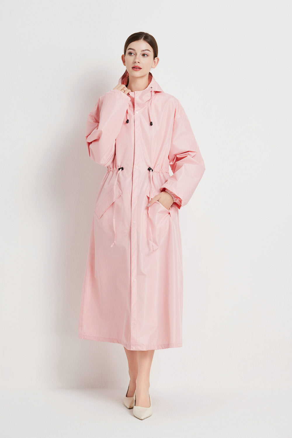 Size L Pink Women's Chic Lightweight Waterproof Raincoat - Long Hooded Packable Rain Jacket with Pouch