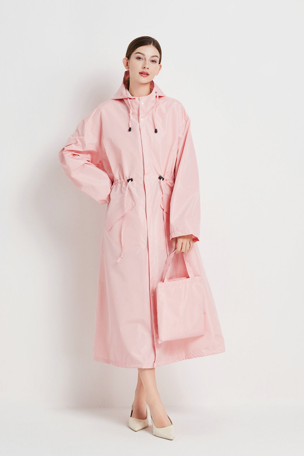 Size XL Pink Women's Chic Lightweight Waterproof Raincoat - Long Hooded Packable Rain Jacket with Pouch