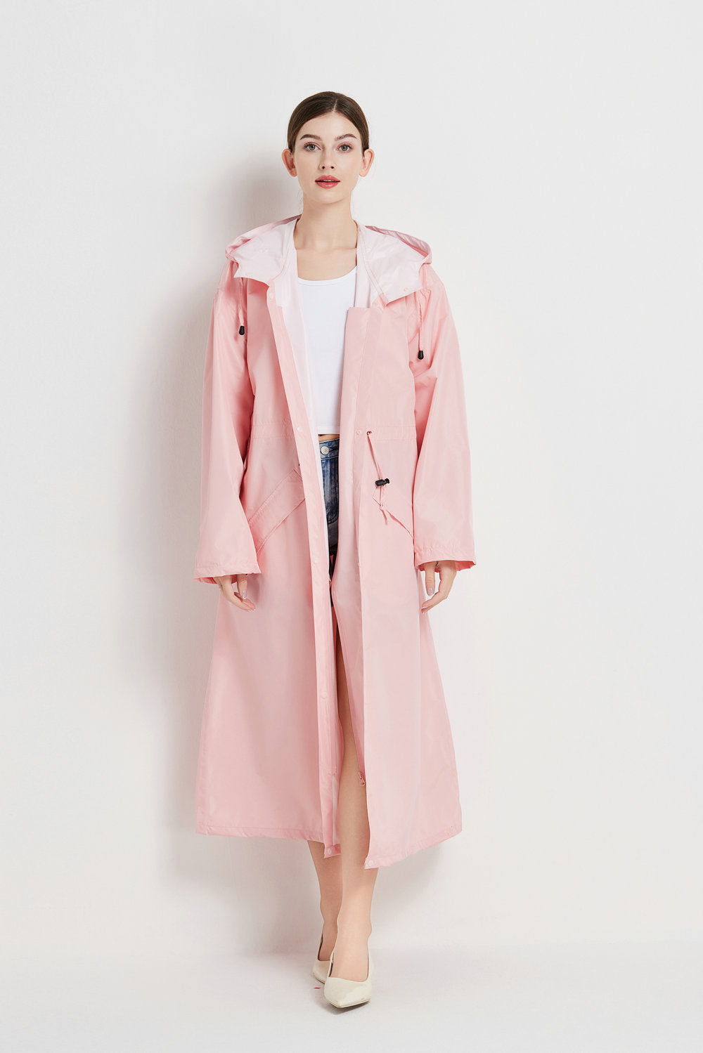 Size XL Pink Women's Chic Lightweight Waterproof Raincoat - Long Hooded Packable Rain Jacket with Pouch