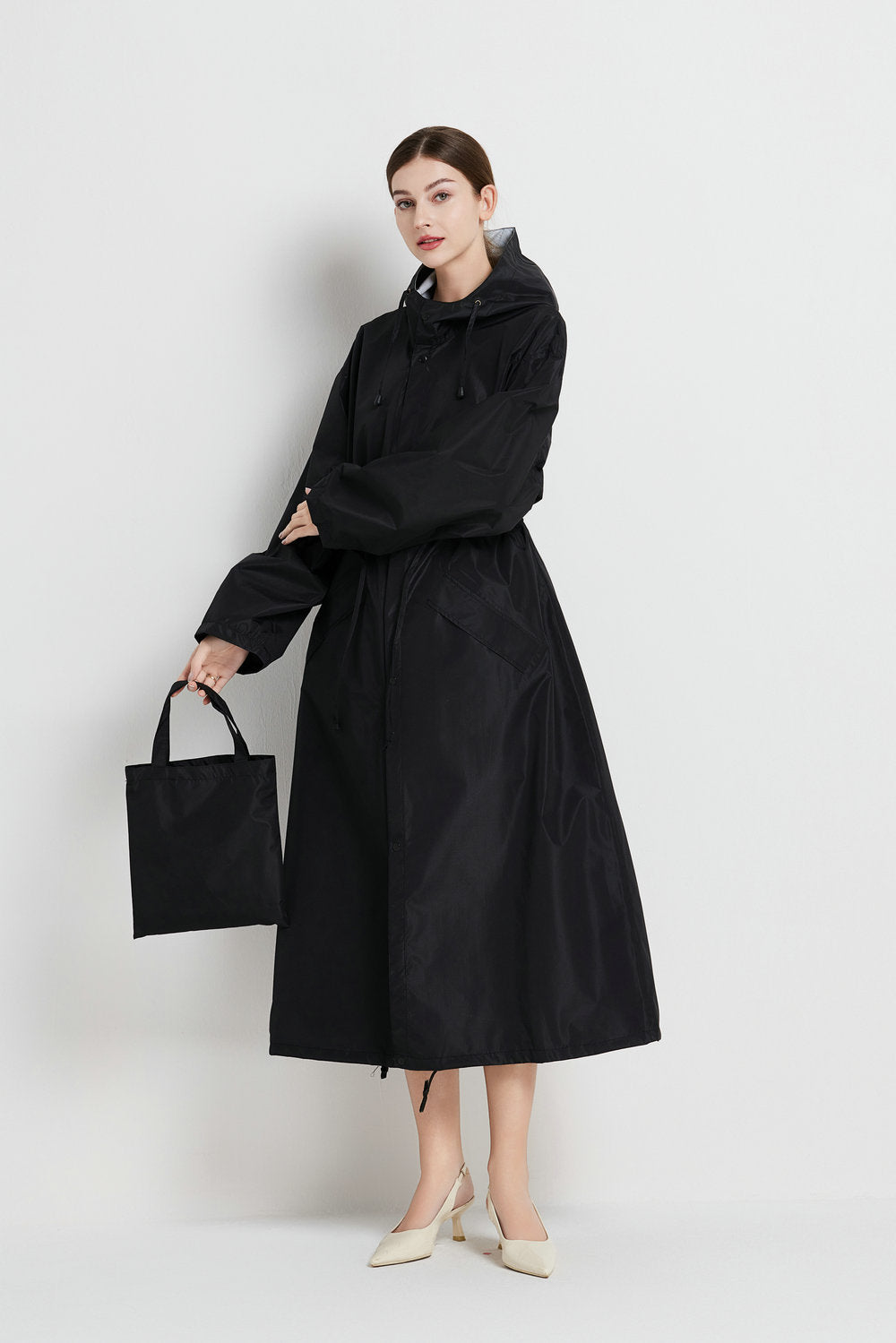 Size L Black Women's Chic Lightweight Waterproof Raincoat - Long Hooded Packable Rain Jacket with Pouch