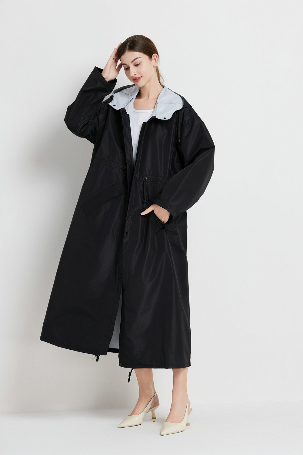 Size L Black Women's Chic Lightweight Waterproof Raincoat - Long Hooded Packable Rain Jacket with Pouch
