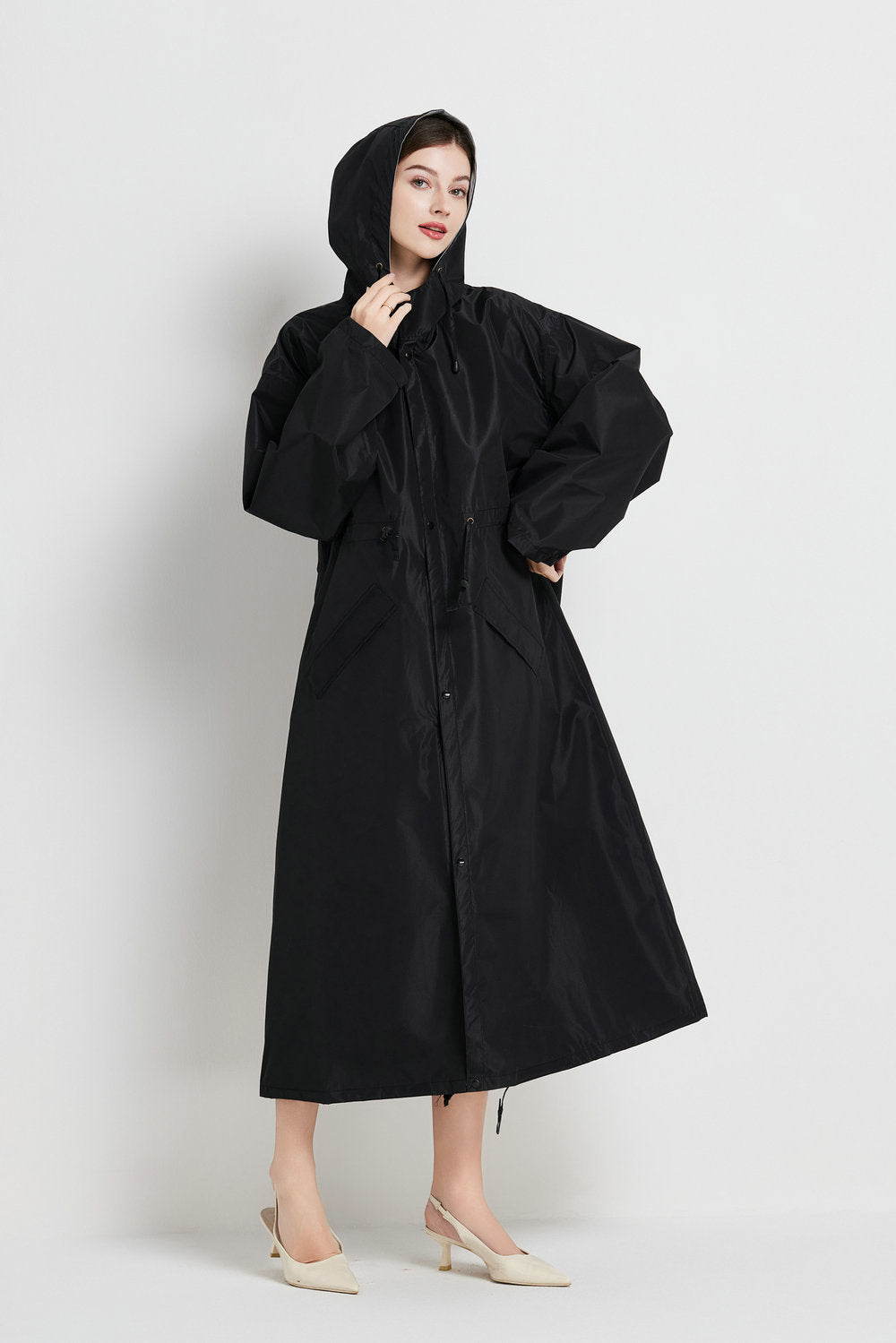 Size XL Black Women's Chic Lightweight Waterproof Raincoat - Long Hooded Packable Rain Jacket with Pouch