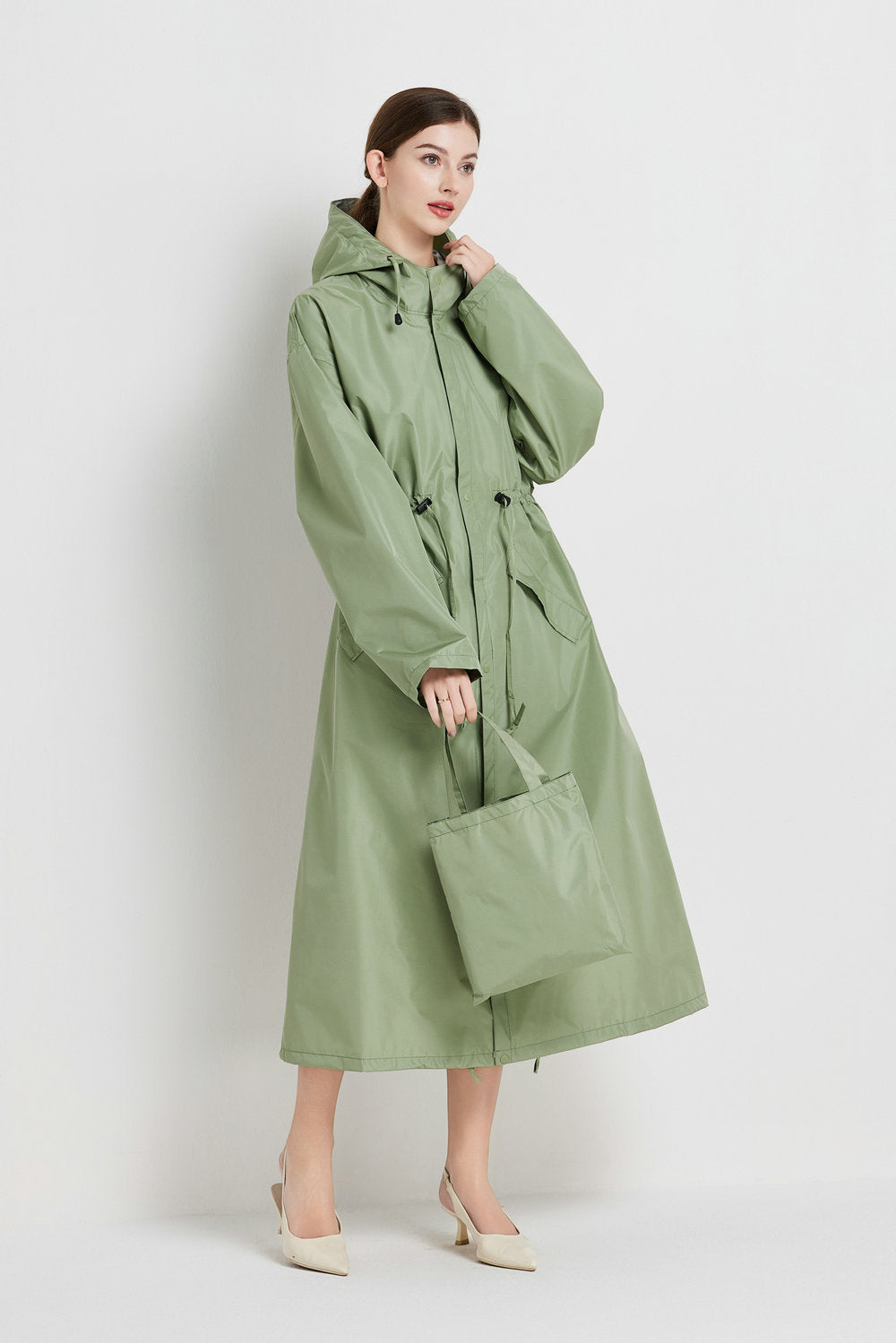 Size L Green Women's Chic Lightweight Waterproof Raincoat - Long Hooded Packable Rain Jacket with Pouch