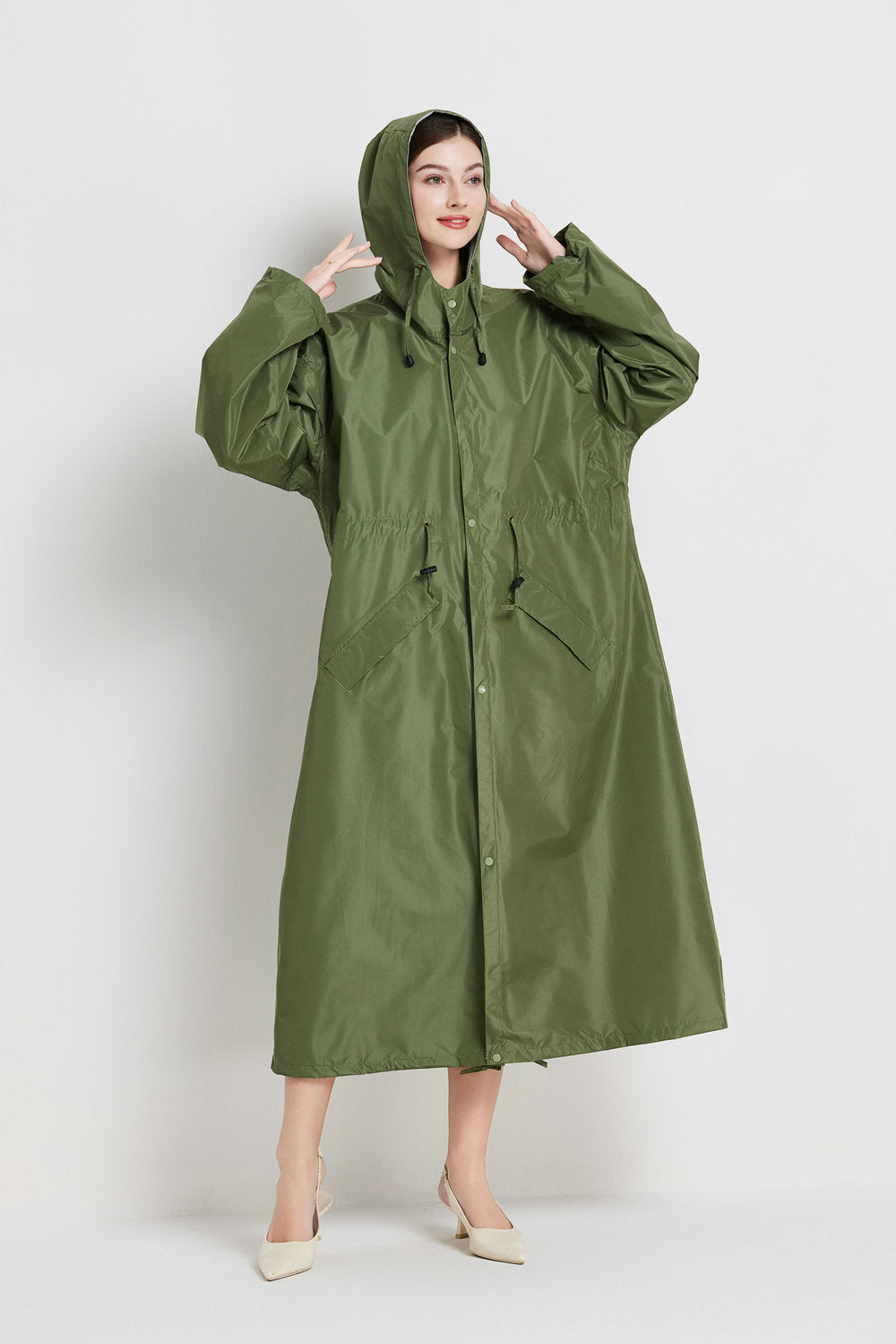 Size L Green Women's Chic Lightweight Waterproof Raincoat - Long Hooded Packable Rain Jacket with Pouch
