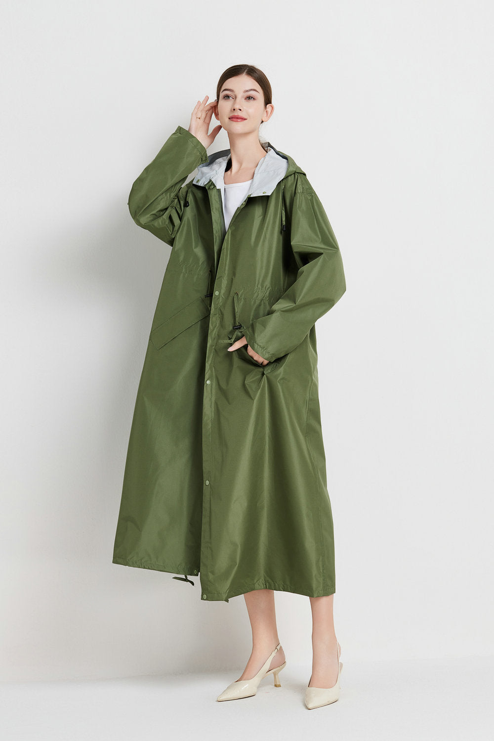Size L Green Women's Chic Lightweight Waterproof Raincoat - Long Hooded Packable Rain Jacket with Pouch