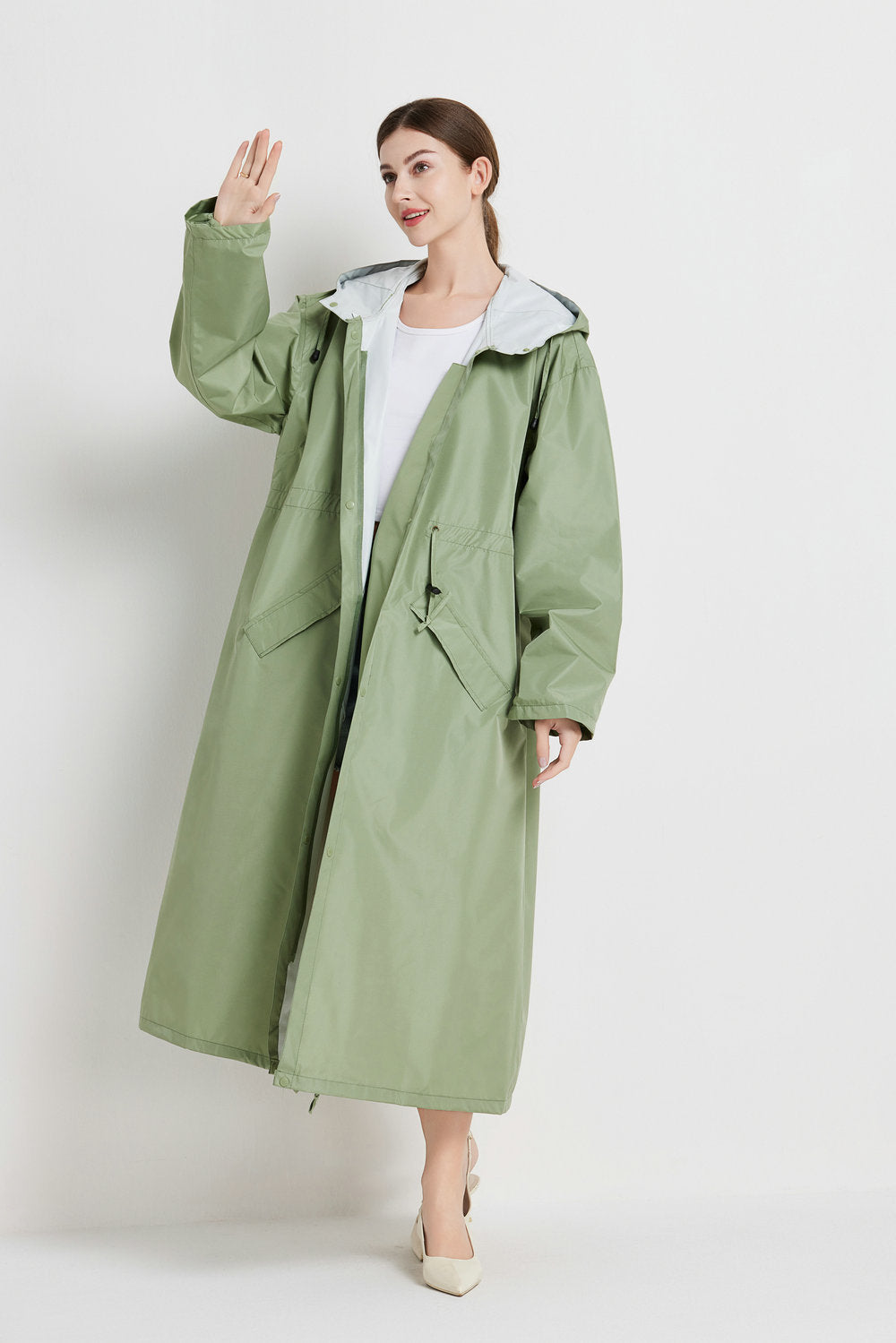 Size XL Green Women's Chic Lightweight Waterproof Raincoat - Long Hooded Packable Rain Jacket with Pouch