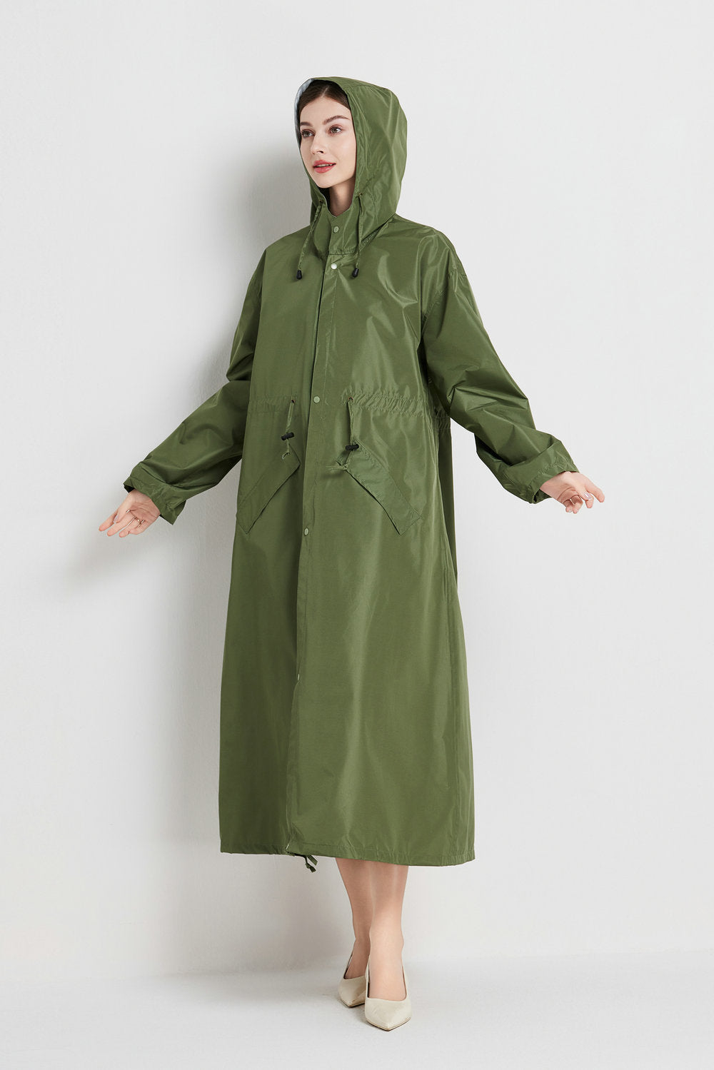 Size XL Green Women's Chic Lightweight Waterproof Raincoat - Long Hooded Packable Rain Jacket with Pouch