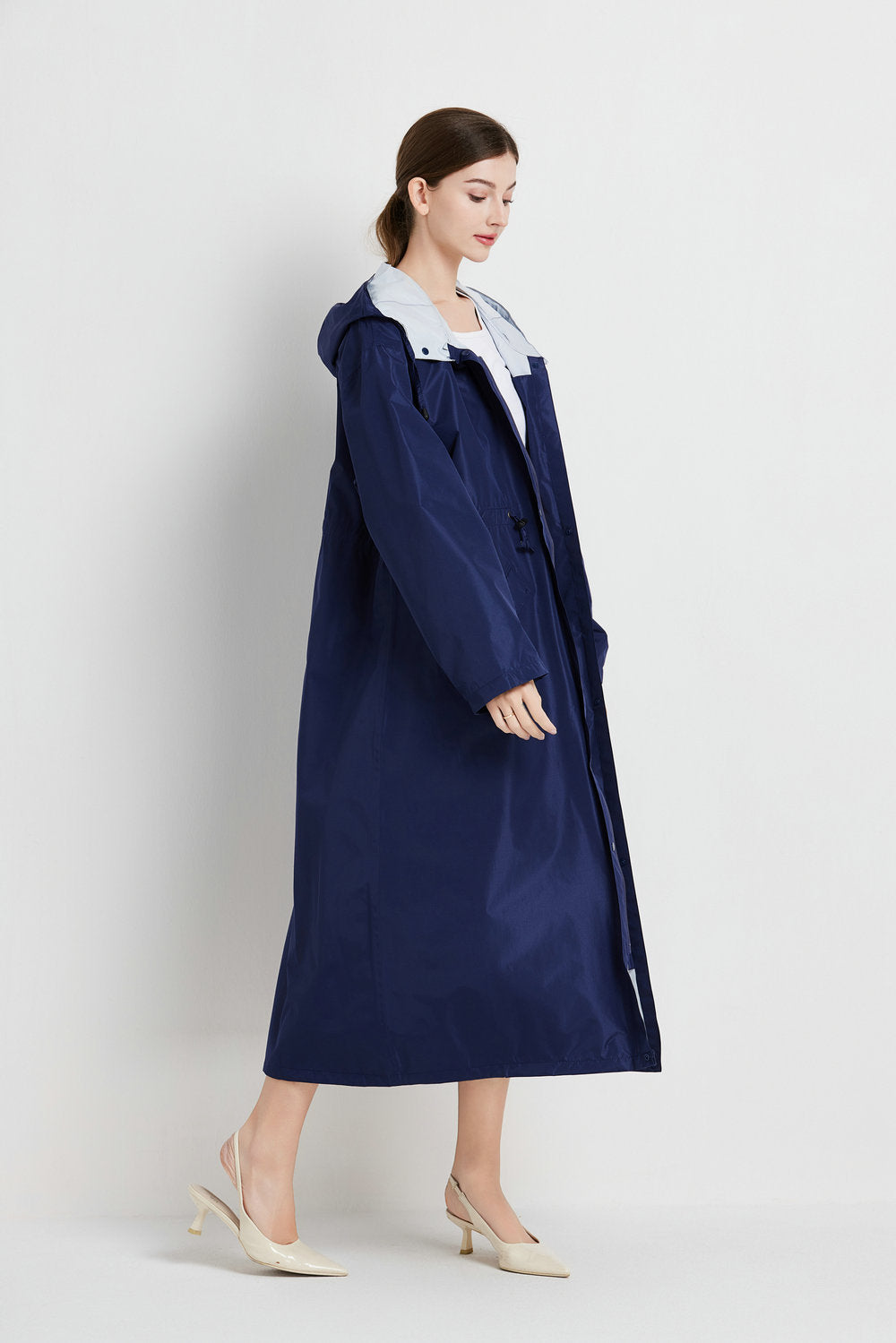 Size XL Dark Blue Women's Chic Lightweight Waterproof Raincoat - Long Hooded Packable Rain Jacket with Pouch