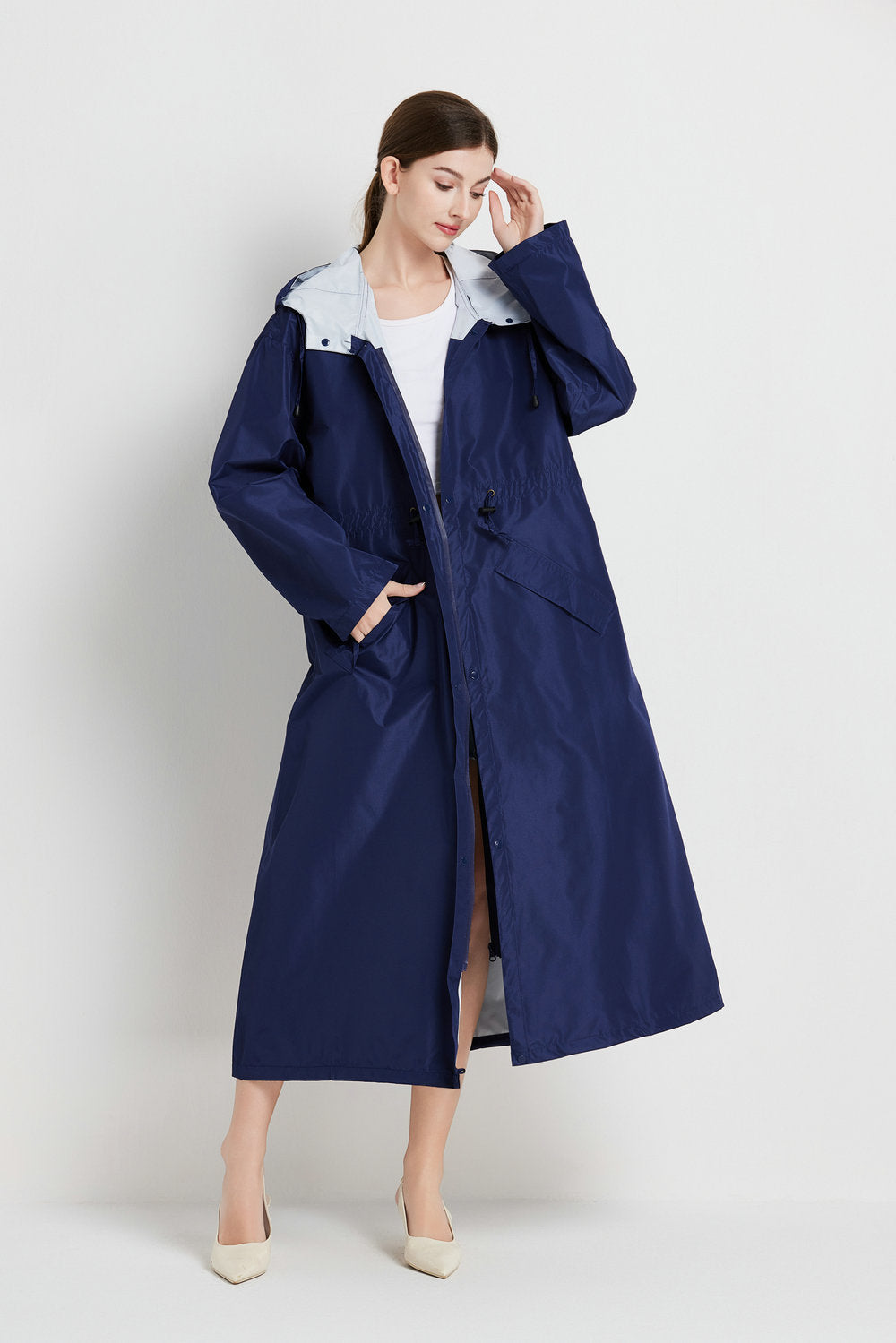 Size L Dark Blue Women's Chic Lightweight Waterproof Raincoat - Long Hooded Packable Rain Jacket with Pouch