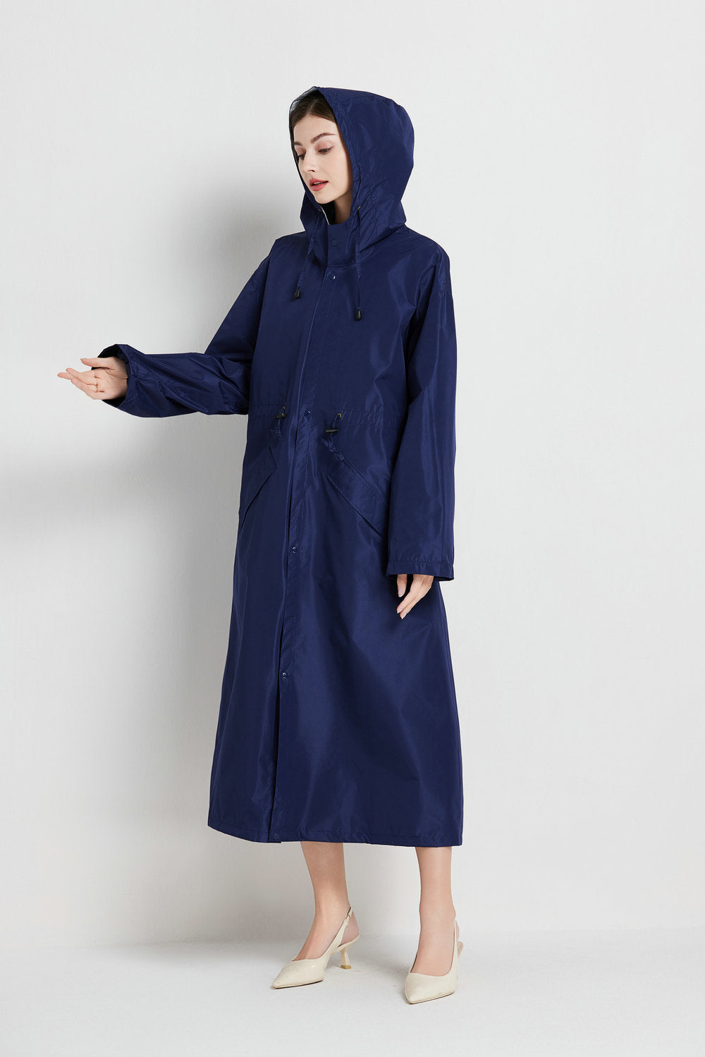 Size M Dark Blue Women's Chic Lightweight Waterproof Raincoat - Long Hooded Packable Rain Jacket with Pouch
