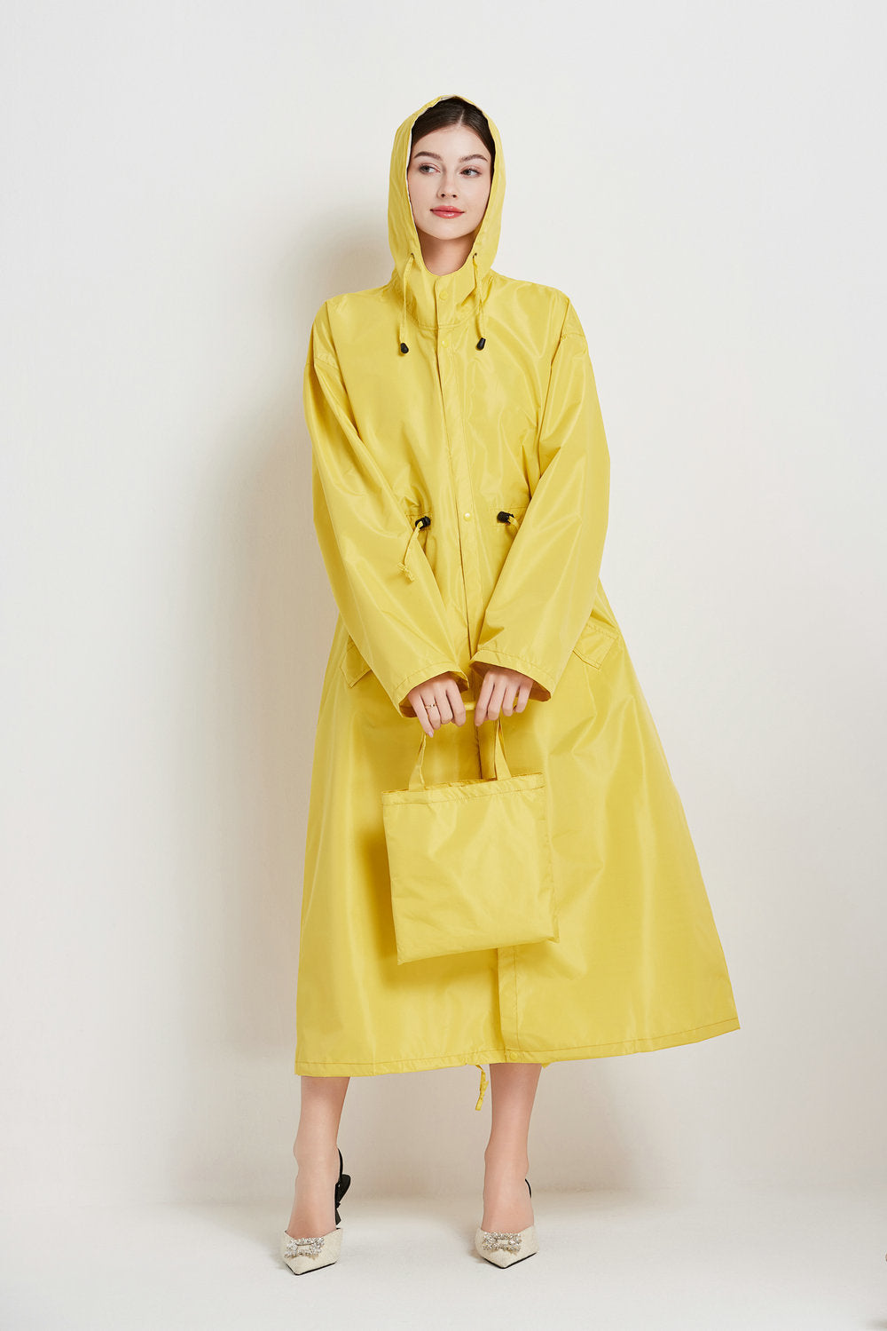 Size M Yellow Women's Chic Lightweight Waterproof Raincoat - Long Hooded Packable Rain Jacket with Pouch