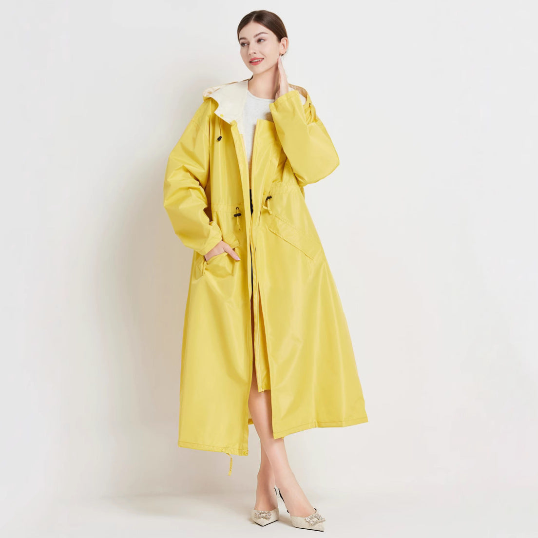 Size XL Yellow Women's Chic Lightweight Waterproof Raincoat - Long Hooded Packable Rain Jacket with Pouch