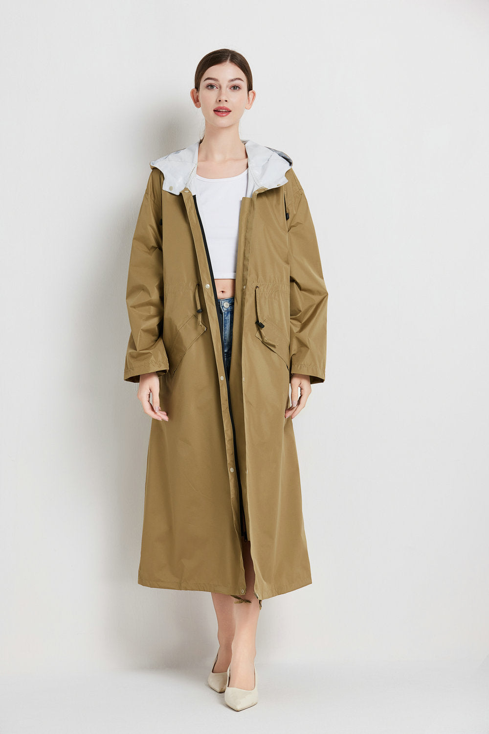 Size M Brown Women's Chic Lightweight Waterproof Raincoat - Long Hooded Packable Rain Jacket with Pouch