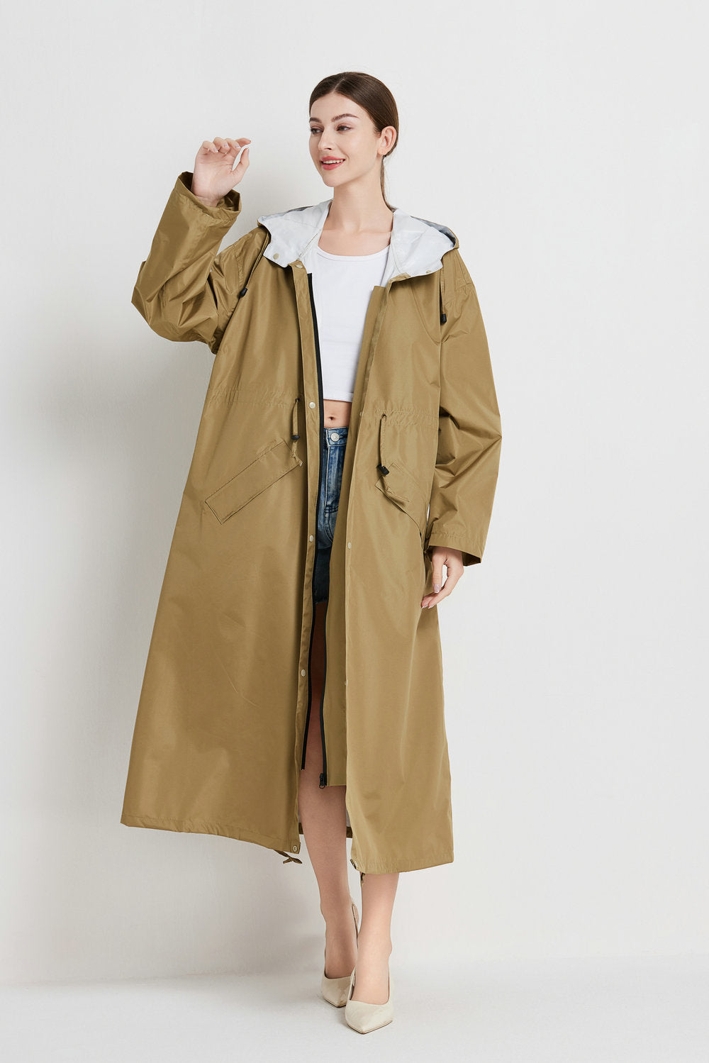 Size L Brown Women's Chic Lightweight Waterproof Raincoat - Long Hooded Packable Rain Jacket with Pouch