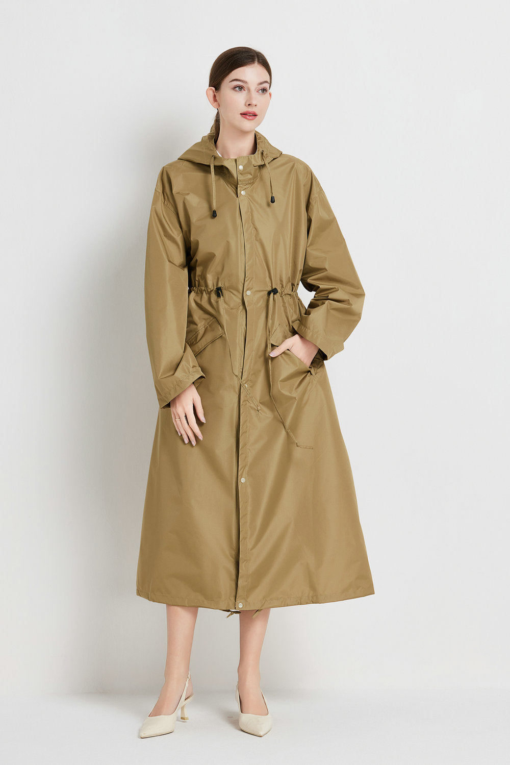 Size XL Brown Women's Chic Lightweight Waterproof Raincoat - Long Hooded Packable Rain Jacket with Pouch