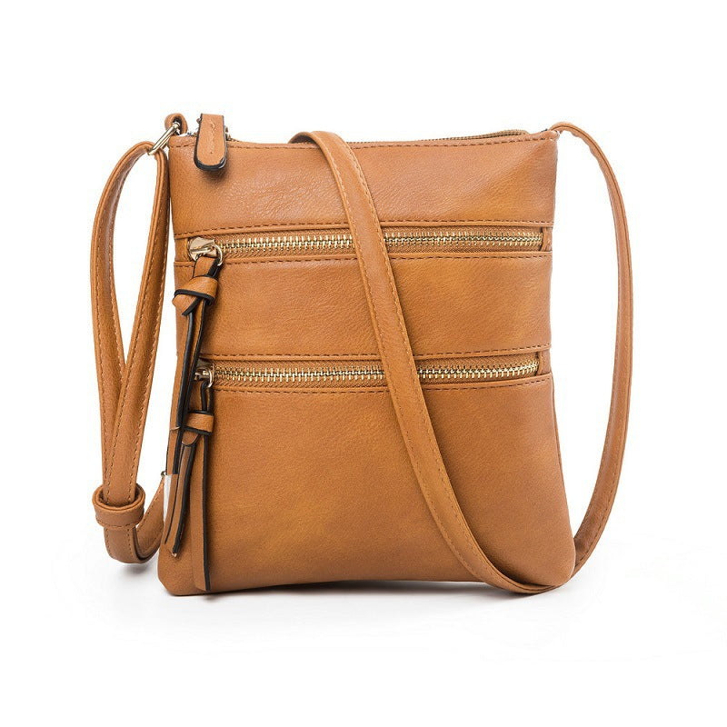 Brown Compact Women's Crossbody Bag - Adjustable Strap, Double Zipper Closure, 18x21cm Lightweight PU Leather Shoulder Bag